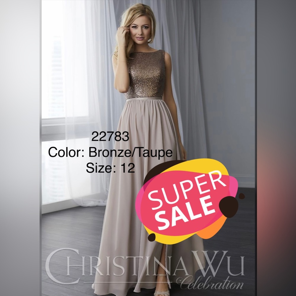Christina Wu Celebrations bridesmaid dress 22783 COLOR: Bronze/Taupe Size: 12
